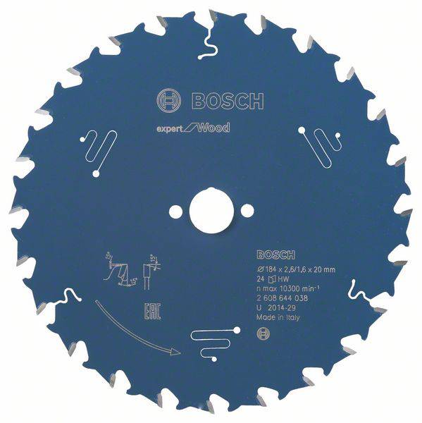 Lame de scie circulaire de 24 dents pour le bois, diamètre 184 mm, alésage 20 mm. Inscription 'Bosch expert for Wood', fabriquée en Italie.