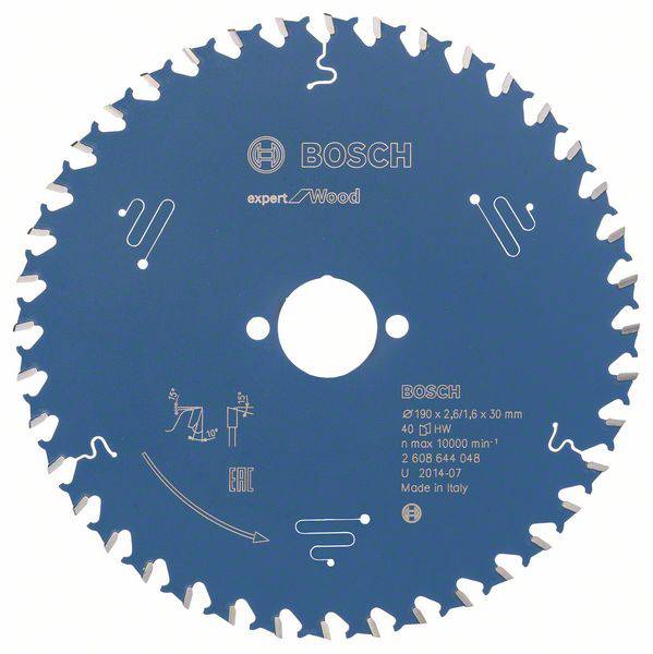 Lame de scie circulaire Bosch, modèle Expert for Wood, diamètre 190 mm, 40 dents, vitesse de rotation maximale 10 000 tr/min, fabriquée en Italie.