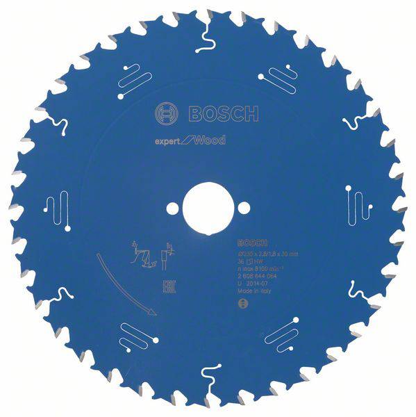 Lame de scie circulaire Bosch pour le bois, avec surface bleue et dents de coupe ondulées le long du bord.