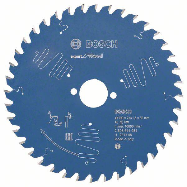 Lame de scie pour bois Bosch, diamètre 190 mm, 40 dents, vitesse de rotation maximale 10 000 tr/min, fabriqué en Italie, adapté pour une coupe précise.