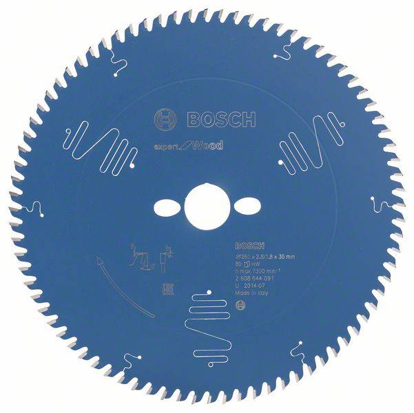 Lame de scie circulaire 'Bosch Expert for Wood' de 216 mm de diamètre, adaptée pour les coupes de bois. Contient des symboles représentant des détails techniques.
