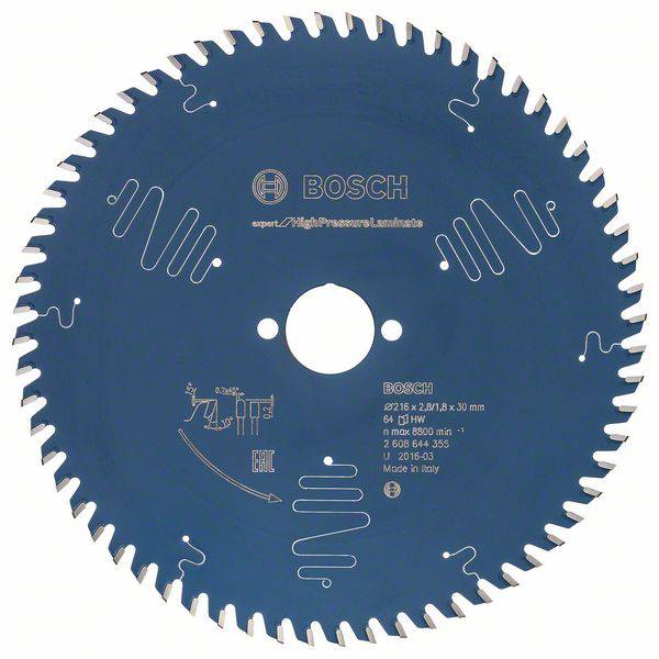 Lame de scie circulaire Bosch avec dents, adaptée aux pressions élevées et au stratifié. L'étiquetage indique les détails techniques et les informations d'utilisation.