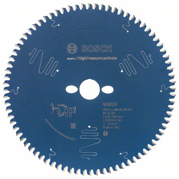 Lame de scie bleue Bosch avec inscription indiquant le modèle et les spécifications, adaptée aux installations à haute pression.