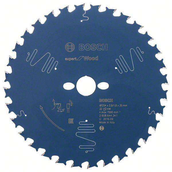 Lame de scie bleue Bosch, modèle 'expert for Wood', avec détails d'information sur la taille et la capacité de coupe, fabriquée en Italie.