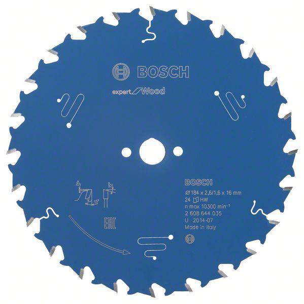 Lame de scie pour bois, marque Bosch, gamme Expert, diamètre 184 mm, 24 dents, fabriquée en Italie.