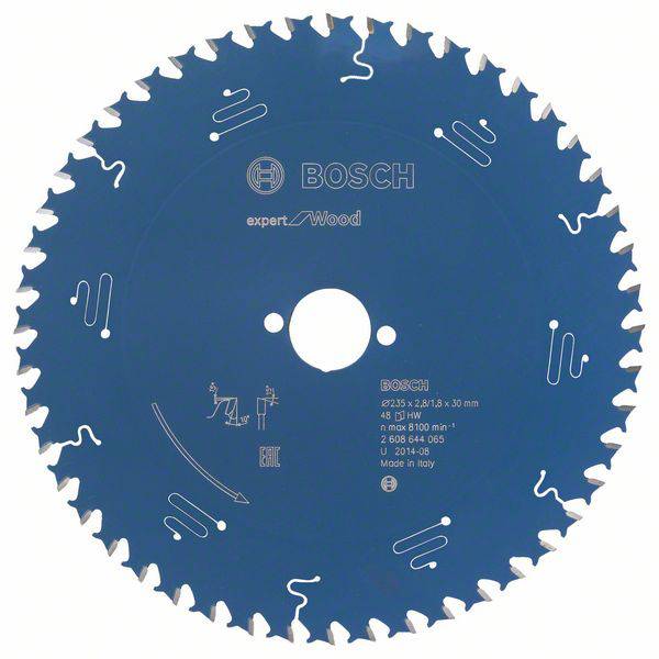 Lame de scie circulaire Bosch, bleue, avec 48 dents. Adaptée aux travaux sur bois. Diamètre : 254 mm, diamètre de l'alésage : 30 mm.