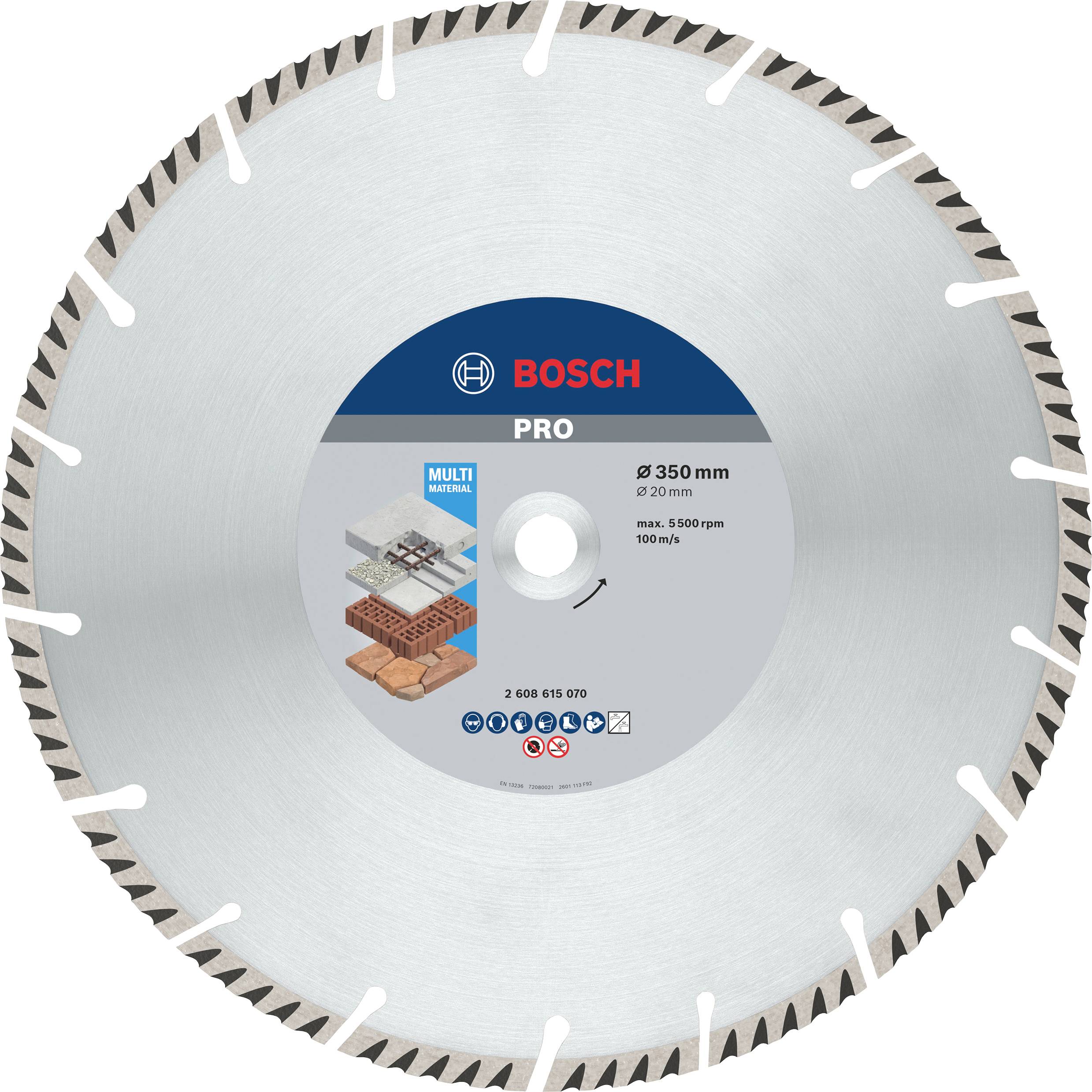 Disque diamanté Bosch Pro, Ø 350 mm, pour béton, briques et pierre naturelle. Adapté pour 2900 tr/min, indique le domaine d'application en construction.
