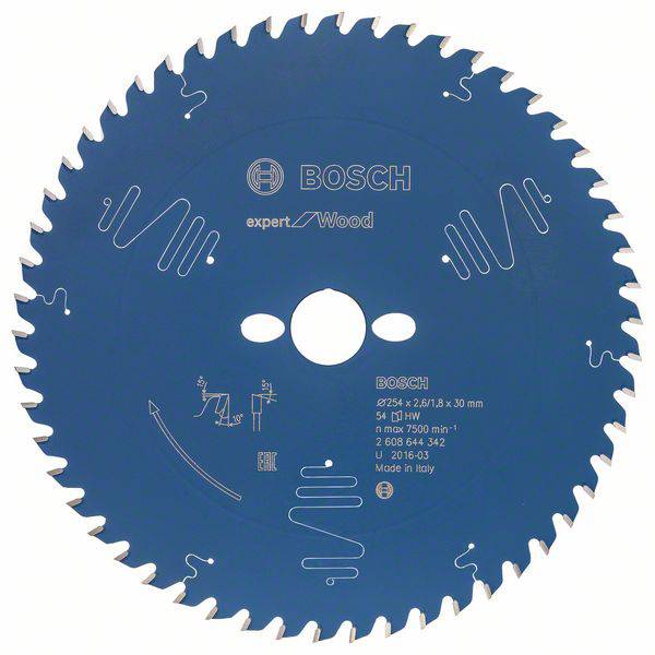 Lame de scie circulaire bleue, ronde, portant l'inscription 'Bosch Expert Wood', 54 dents. Adaptée au bois, vitesse maximale de 7500 tr/min.