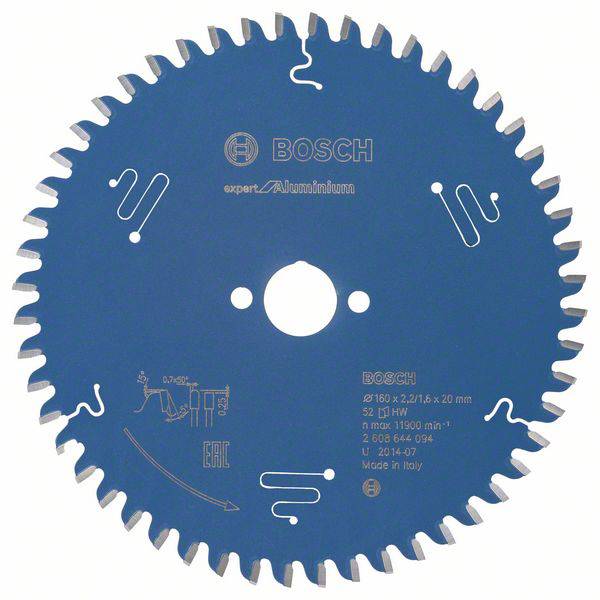 'Lame de scie circulaire de la marque Bosch, adaptée pour l'aluminium, diamètre 160 mm, 52 dents, avec spécifications techniques imprimées.'