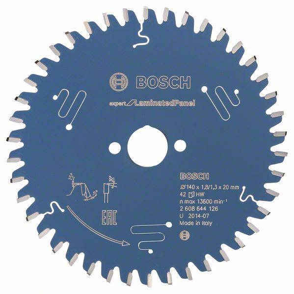 Lame de scie circulaire de la marque Bosch, bleue, pour panneau stratifié, code modèle et spécifications imprimés, incluant le symbole U et le pays de fabrication.