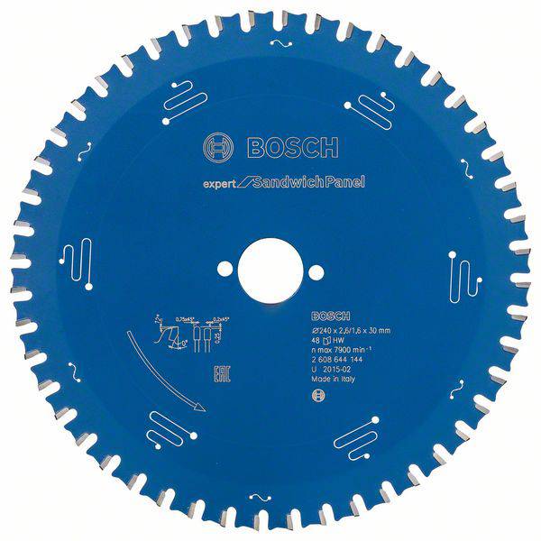 Lame de scie bleue Bosch avec l'inscription 'expert Sandwich Panel', adaptée pour le bois et les matériaux sandwich.