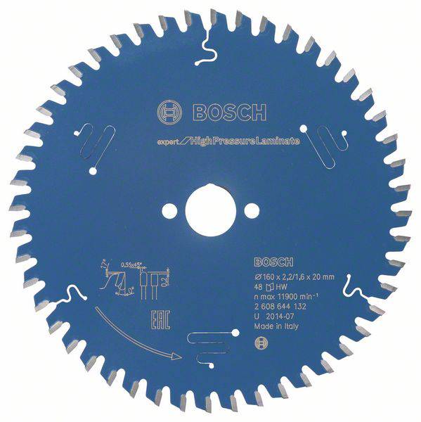 Lame de scie Bosch, bleue, avec l'inscription 'expert for High Pressure Laminates', diamètre 160 mm, 48 dents, pour le travail des stratifiés.