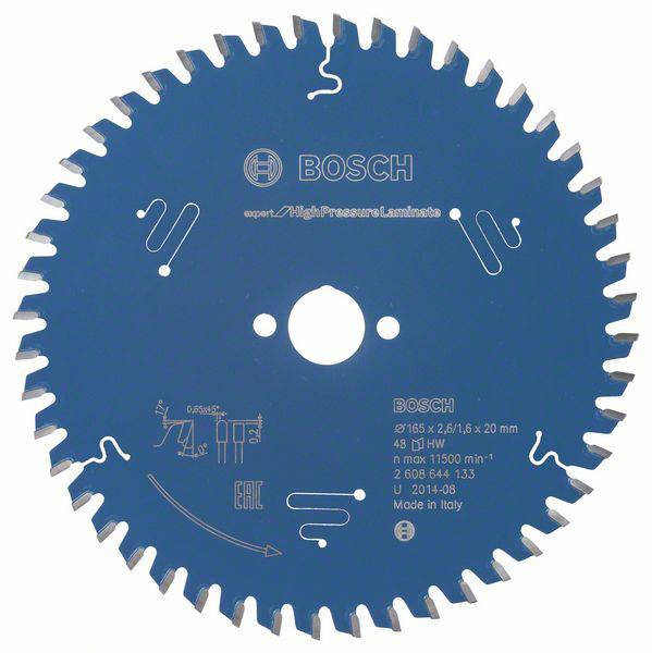 Lame de scie circulaire avec revêtement bleu, logo Bosch, spécifications et flèches. Adaptée pour les stratifiés haute pression, diamètre de 165 mm.