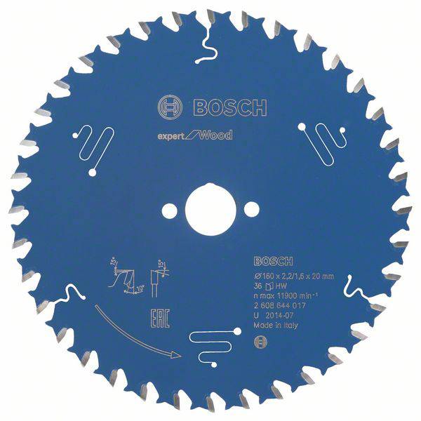 Lame de scie circulaire Bosch pour bois, bleue, avec dents de protection et inscription 'expert for Wood', diamètre 160 mm, fabriquée en Italie.