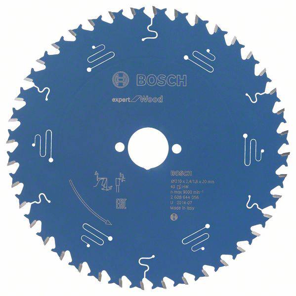 Une scie circulaire bleue de Bosch portant l'inscription 'expert for Wood', adaptée aux travaux sur bois, avec plusieurs dents et spécifications techniques.