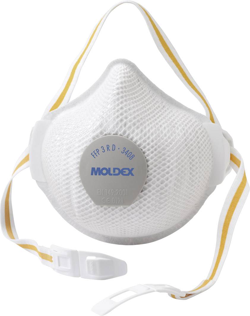 Un masque de protection respiratoire FFP3 blanc avec des bandes jaunes et l'inscription bleue 'Moldex', adapté pour se protéger des particules fines.