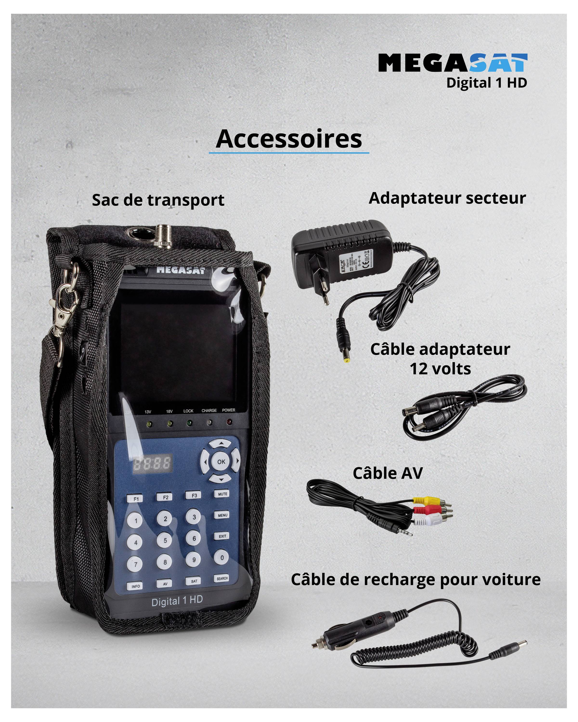 Détecteur de satellite HD Digital 1 en sacoche de transport avec accessoires : adaptateur secteur, câble adaptateur 12 volts, câble AV, câble de chargement pour voiture' de MegaSat.