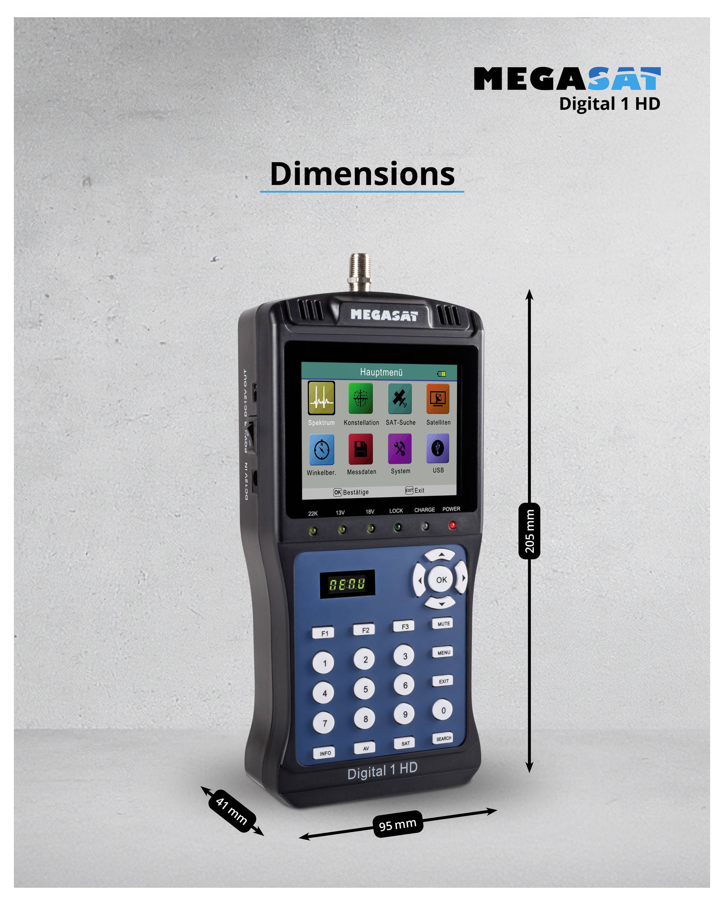 Un appareil de mesure numérique de Megasat avec un écran pour différentes fonctions. Dimensions : 300 mm de hauteur, 95 mm de largeur, 41 mm de profondeur.