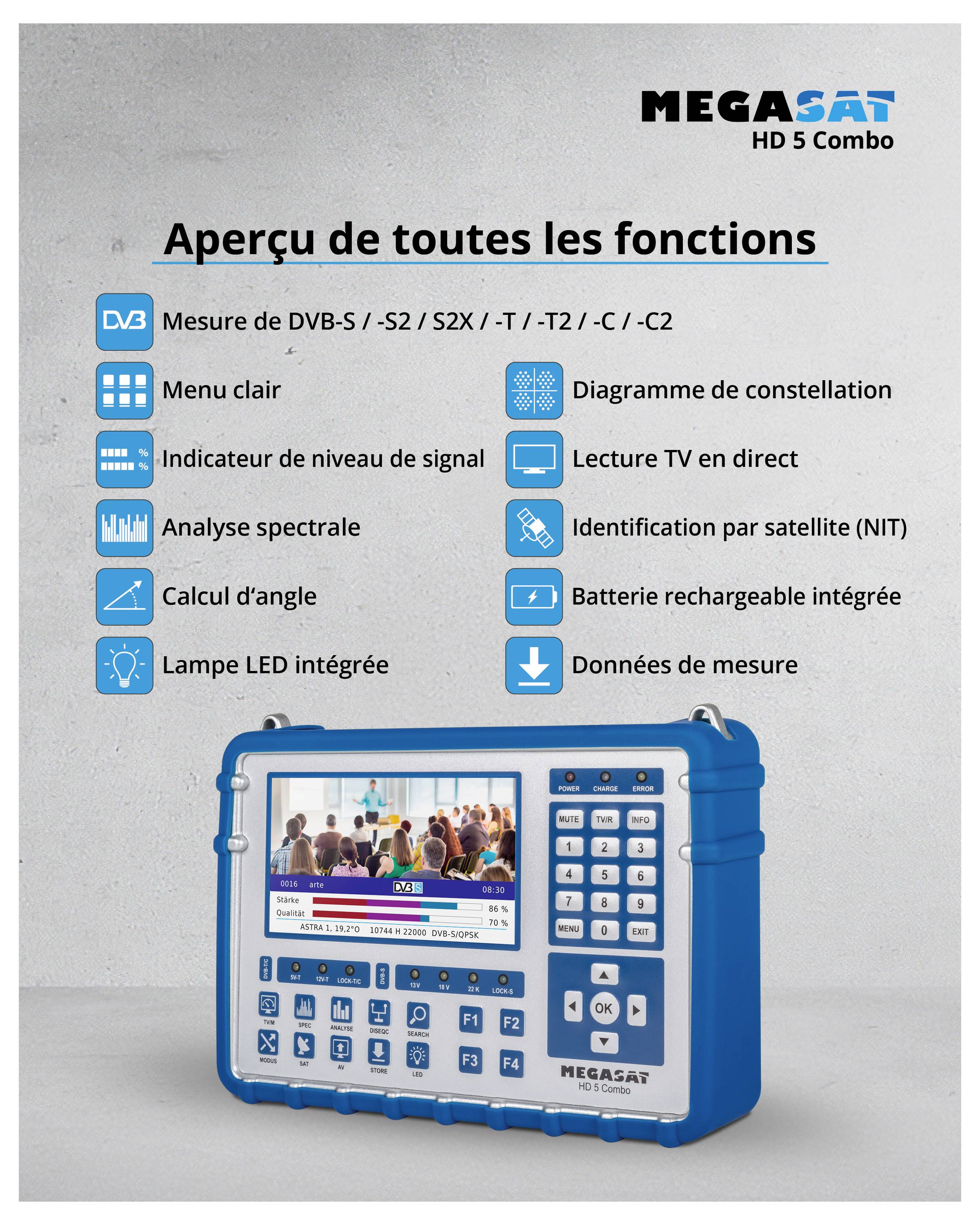 'Affiche du Megasat HD 5 Combo avec fonctionnalités : Mesure DVB, analyse spectrale, calcul d'angle, LED, diagramme de constellation, télévision en direct, batterie de puissance.'