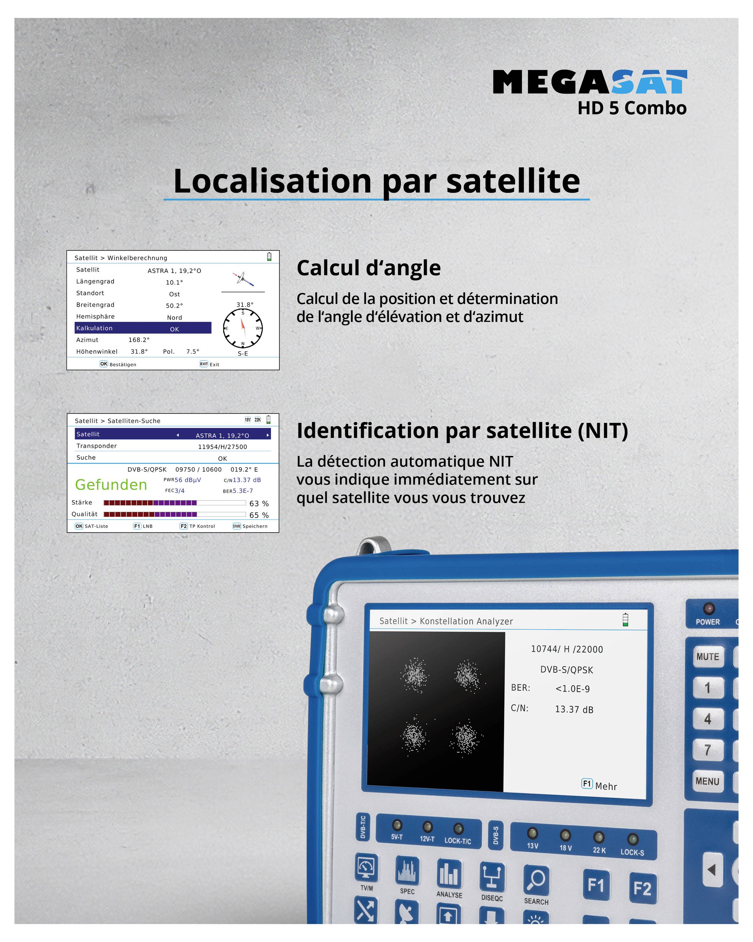 Prospectus de 'Détection de Satellites' avec des détails sur le 'Calcul Angulaire' et la 'Reconnaissance de Satellites (NIT)'. Contient des illustrations d'appareils et des informations techniques.