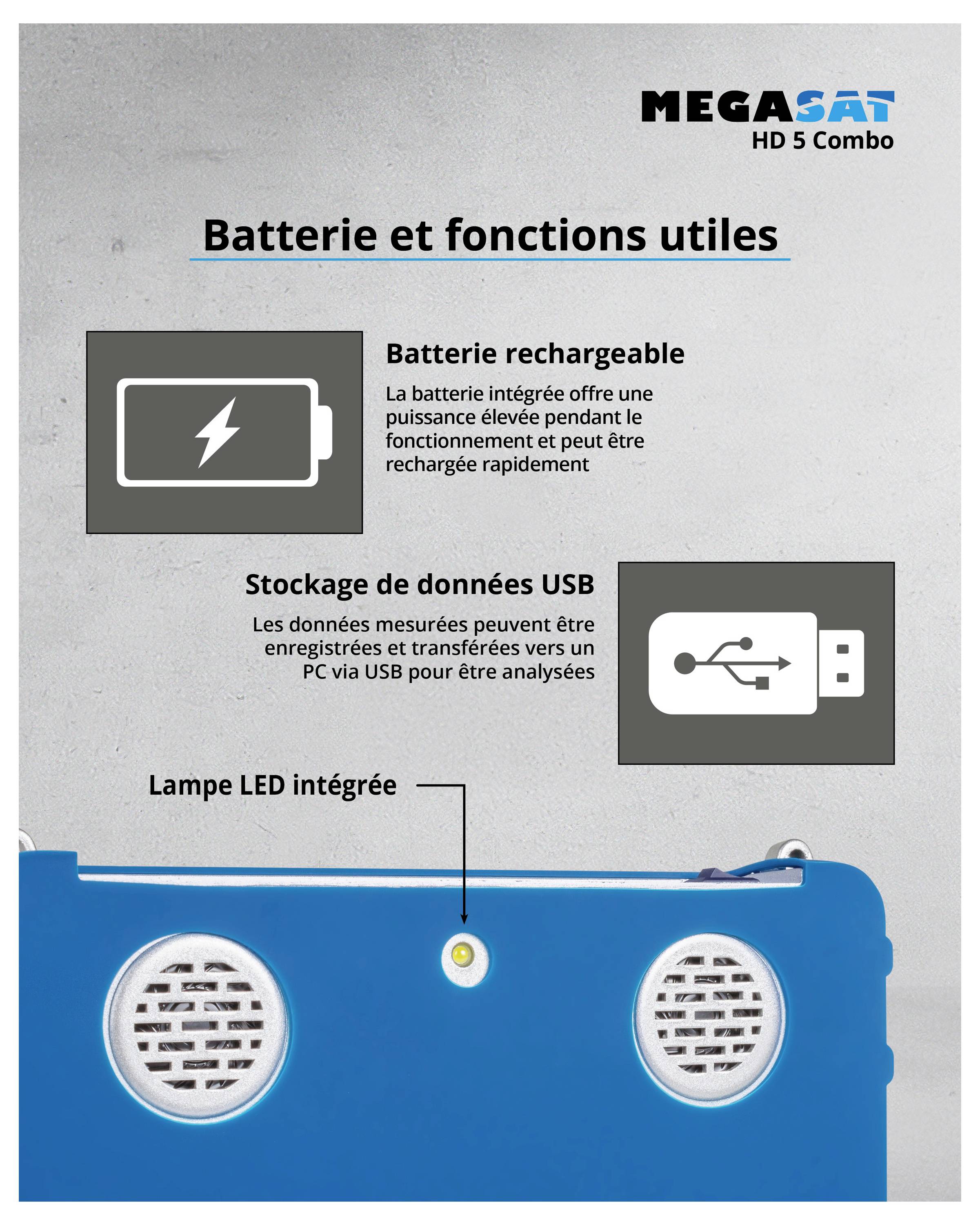 Batterie et fonctionnalités utiles. L'image montre des symboles et du texte relatifs à la batterie de puissance, au stockage de données USB et à la lampe LED intégrée.