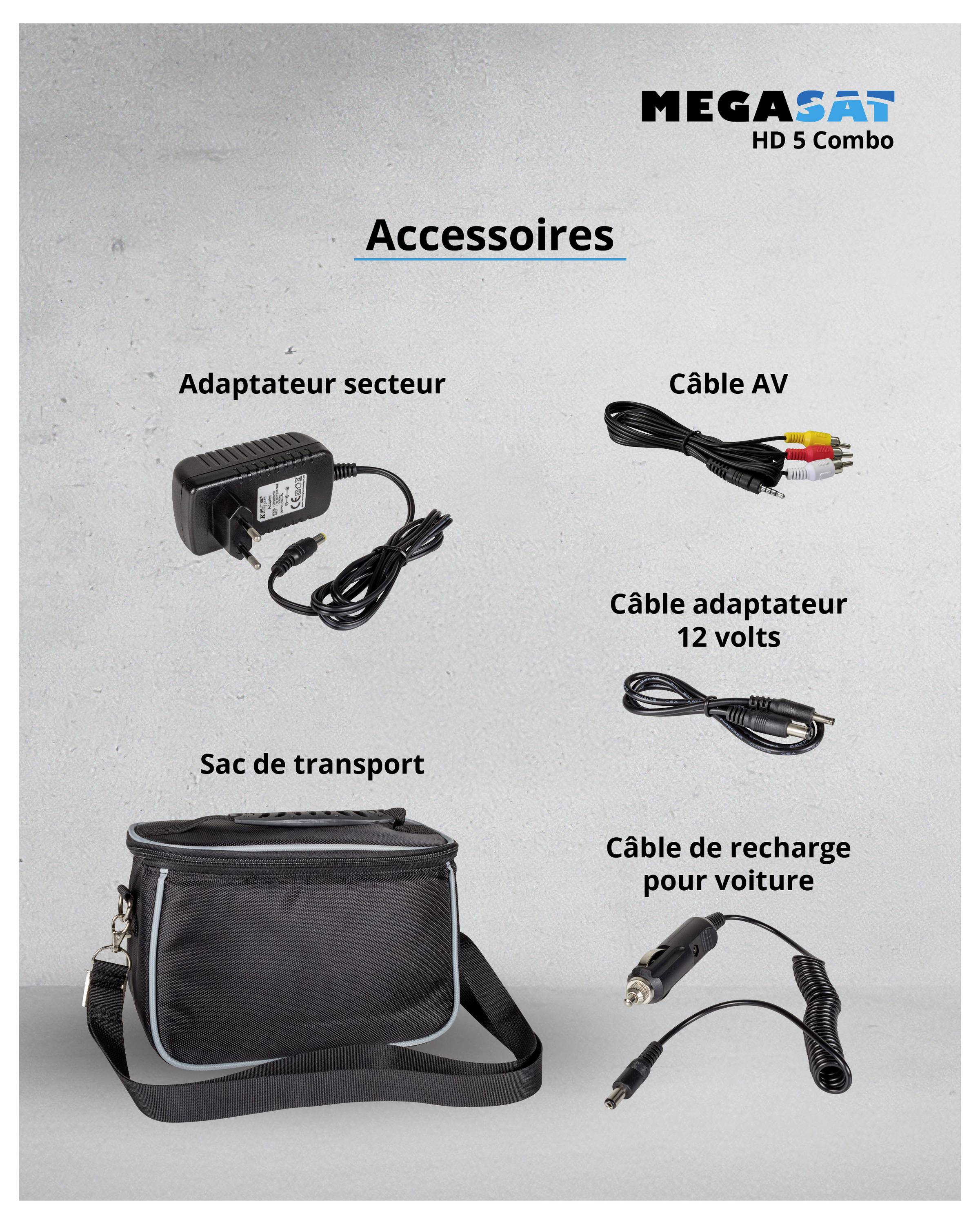 'Affiche avec accessoires pour MEGASAT HD 5 Combo : Bloc d'alimentation, câbles AV, câble adaptateur 12 volts, sacoche de transport et câble de chargement pour véhicule.'
