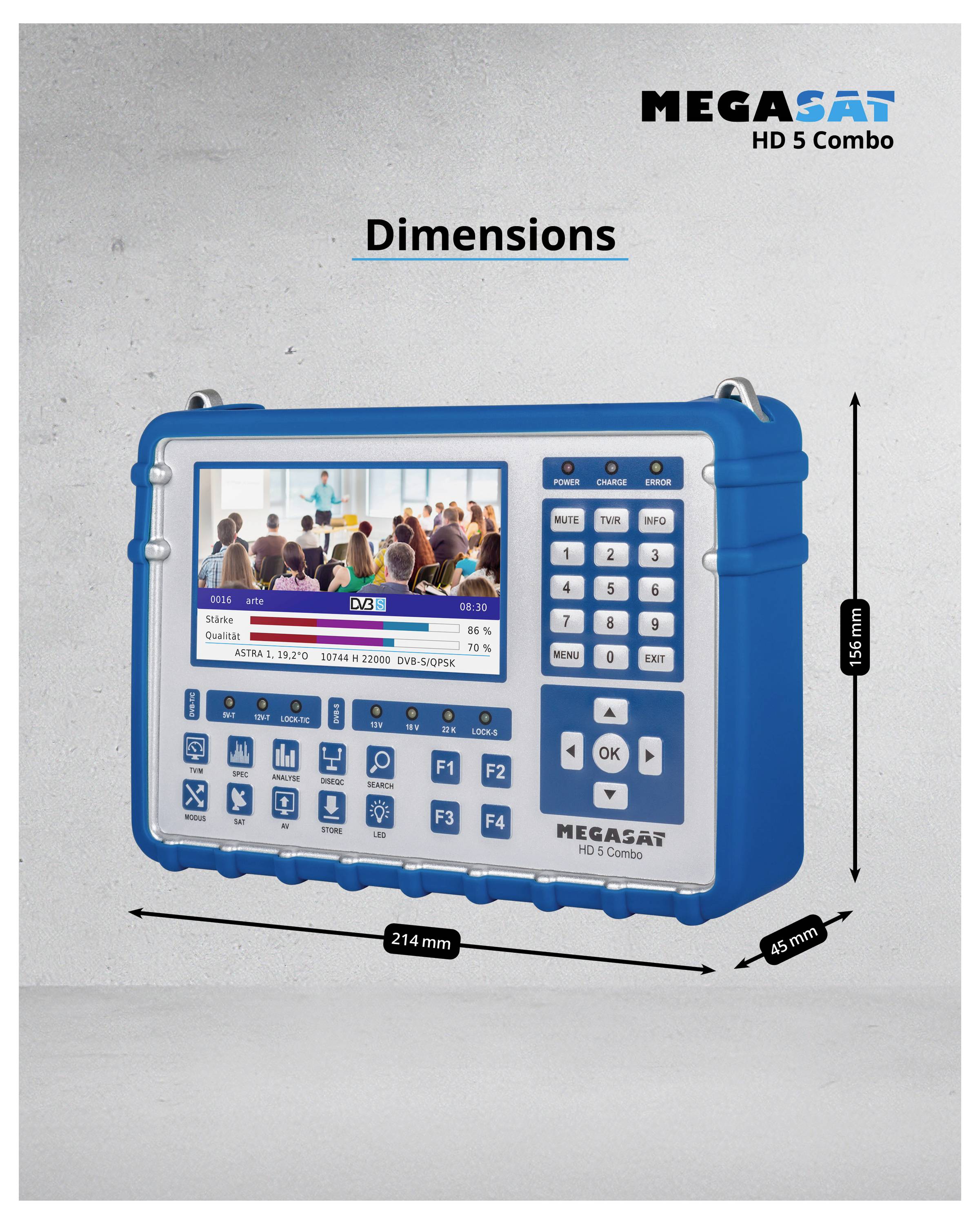 Un appareil de mesure bleu avec un écran et des touches, dimensions : 214 mm x 45 mm x 145 mm. L'affichage montre des détails techniques.