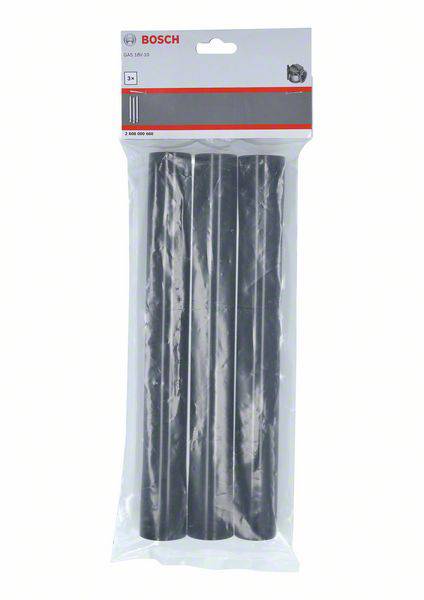 Un paquet de bâtons de colle noirs de Bosch, trois bâtons dans un emballage en plastique transparent.