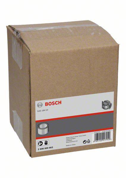 Boîte en carton contenant des accessoires d'aspirateur Bosch, modèle GAS 18V-10. Comprend des filtres et des pièces de rechange. Le nom de la marque et le niveau du produit sont visibles.