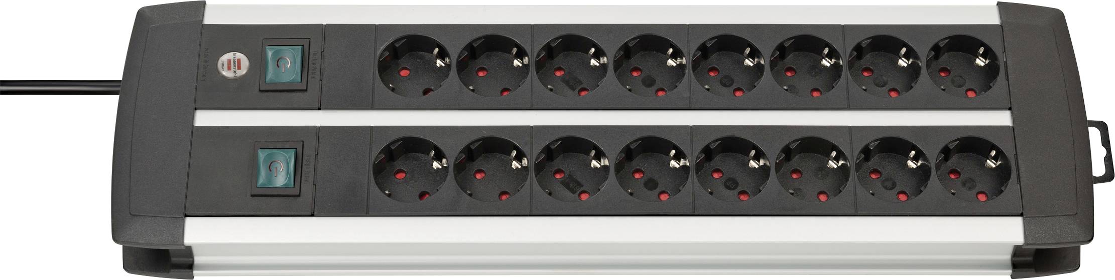 Plaque chauffante électrique à deux rangées avec 14 brûleurs ronds et deux interrupteurs d'alimentation, présentée dans un appareil de comptoir compact noir et argent.