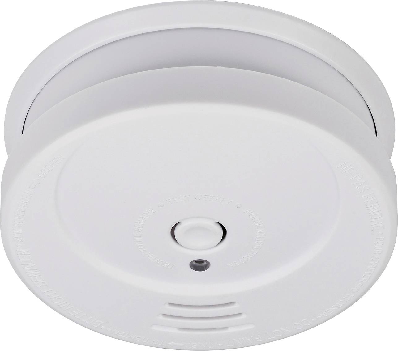 Détecteur de fumée au plafond blanc avec bouton de test, voyant lumineux et fentes de ventilation, présenté sur un fond uni.