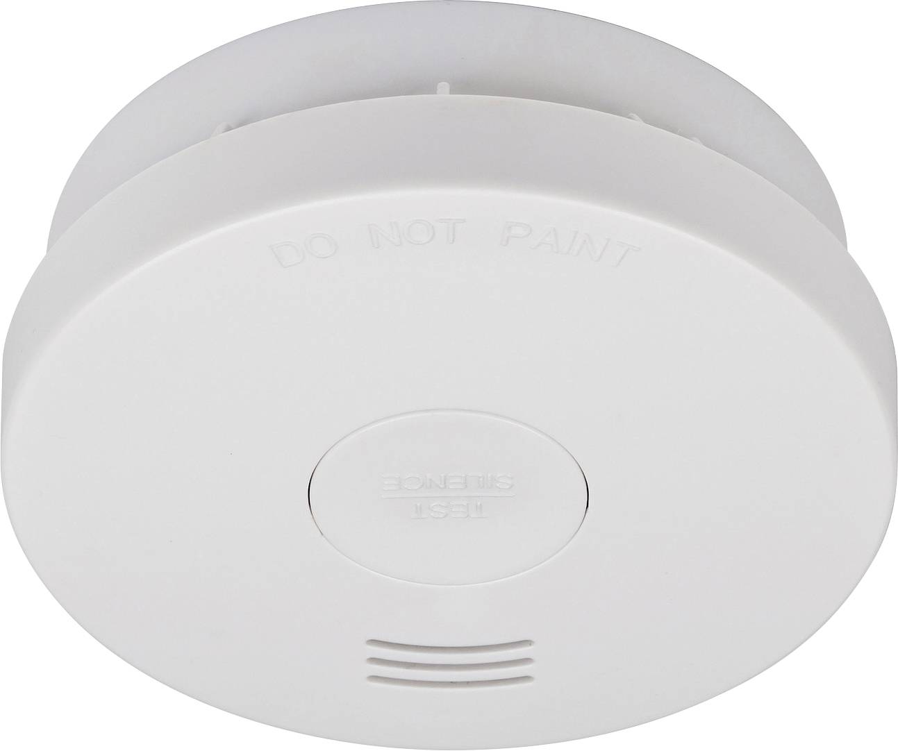 Détecteur de fumée blanc rond avec bouton de test central et fentes de ventilation, marqué « NE PAS PEINDRE ».