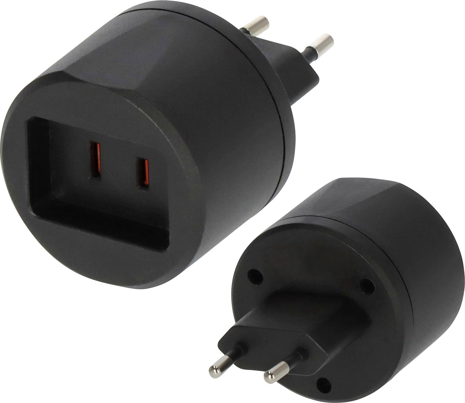 Adaptateur de prise électrique noir avec deux broches rondes montré sous deux angles sur fond blanc.