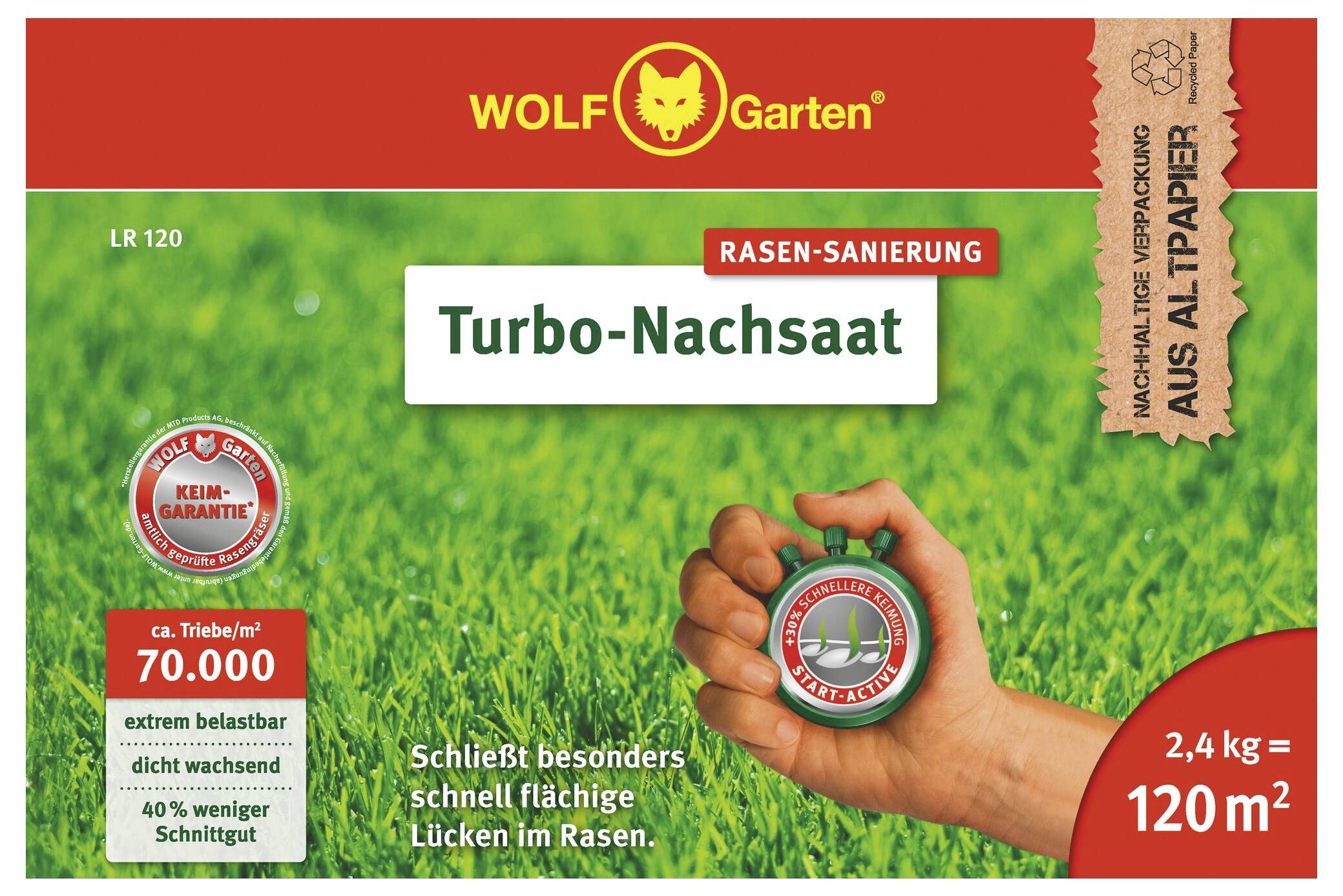 'Rénovation de pelouse Turbo-Sursemis' de Wolf-Garten. Promet de combler rapidement les espaces dans la pelouse. L'emballage montre une main avec un récipient de semences. Portée de 120 m², pelouse extrêmement résistante.