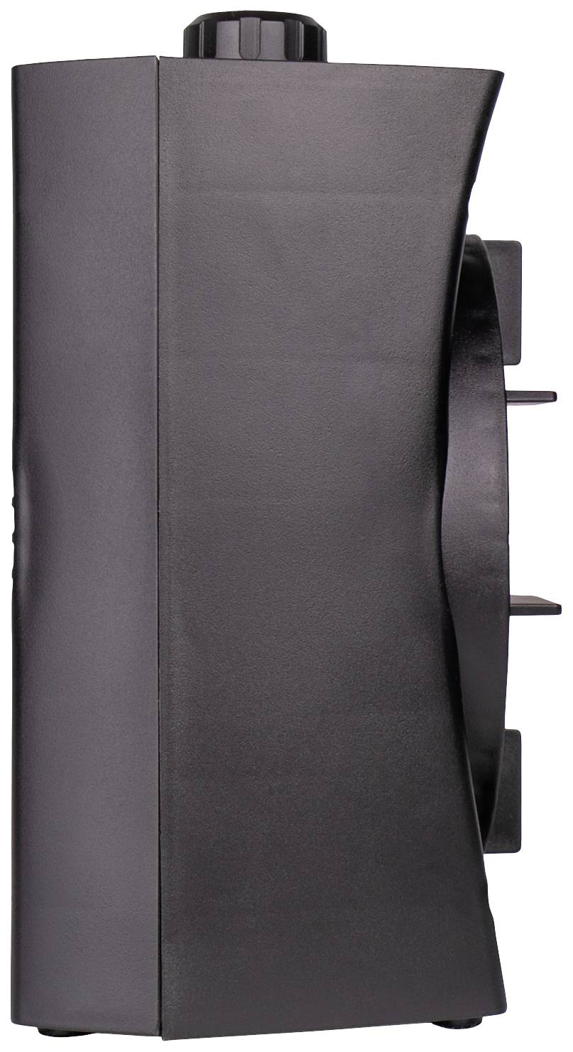 Boîtier noir-gris rectangulaire avec un couvercle rond sur le dessus. La vue de côté montre une surface lisse et un bord droit.