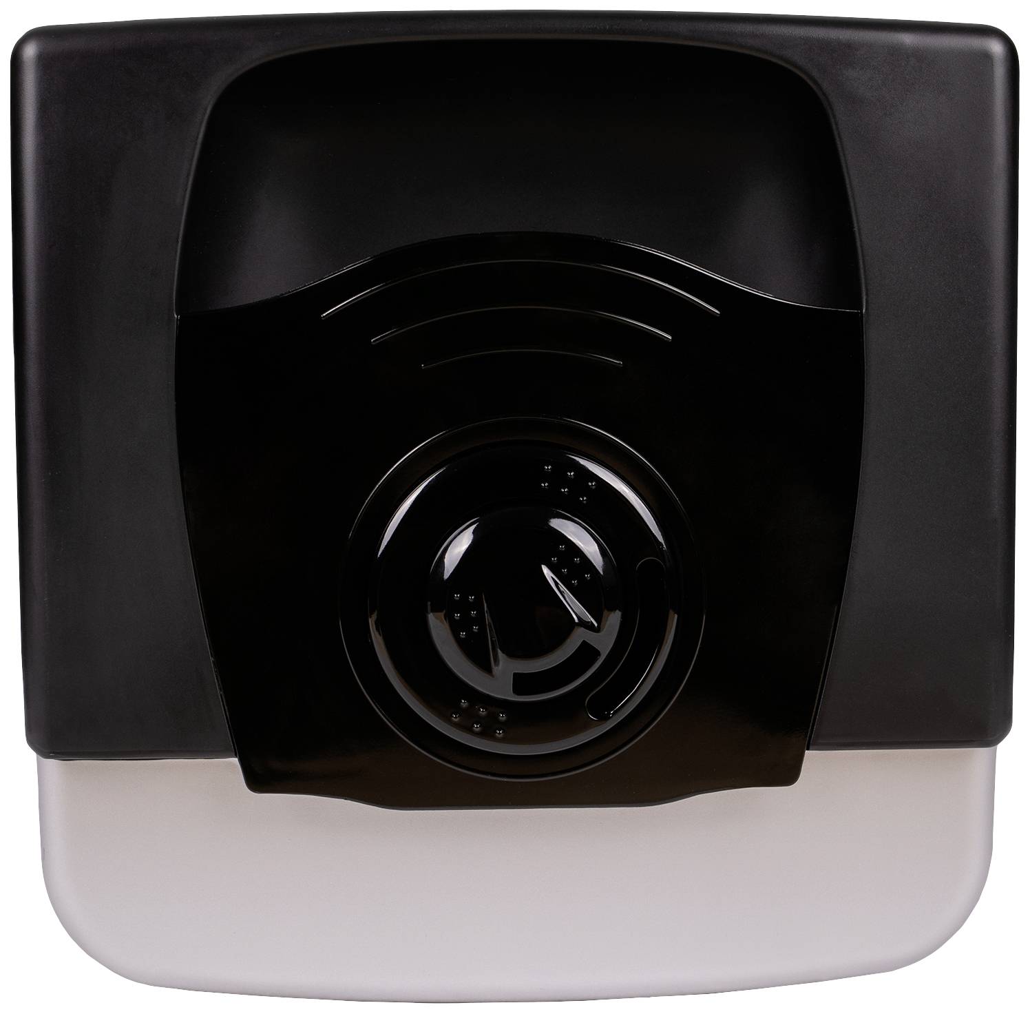 Un distributeur de savon automatique avec un boîtier en plastique noir, idéal pour le nettoyage des mains sans contact dans les sanitaires publics.