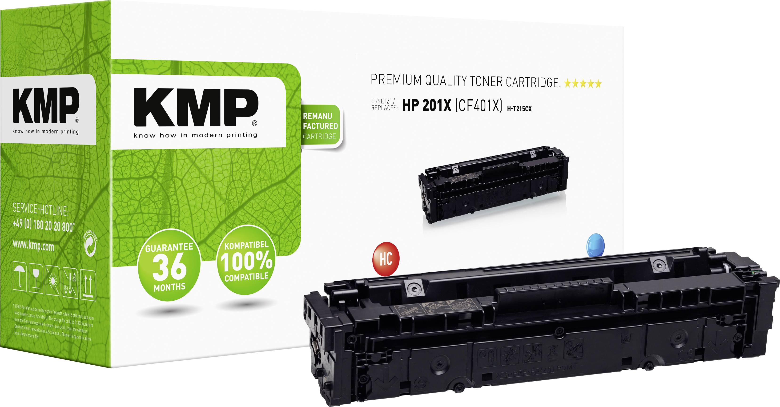 Cartouche de toner KMP, compatible avec HP 201X (CF401X), emballée dans un emballage avec 'Cartouche de toner Qualité Premium'. Garantie de 36 mois.