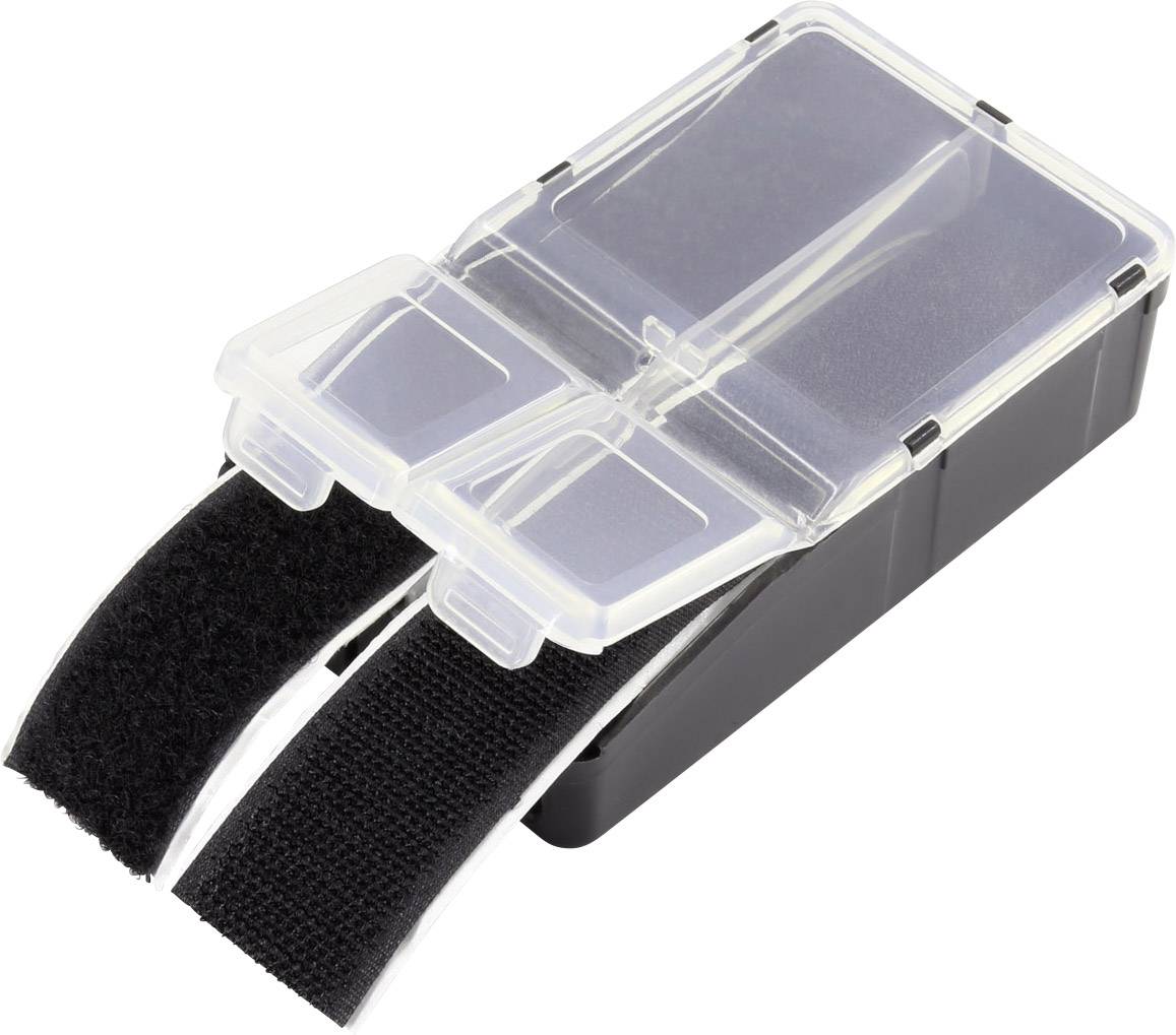 Une boîte noire avec un couvercle transparent et deux fermetures à scratch noires pour l'organisation des câbles.