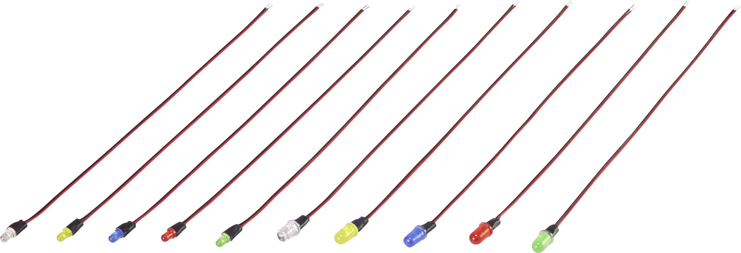 Dix lampes LED colorées avec câbles, disposées en ligne. Les couleurs sont rouge, vert, bleu, jaune et blanc. Adaptées aux projets électroniques.
