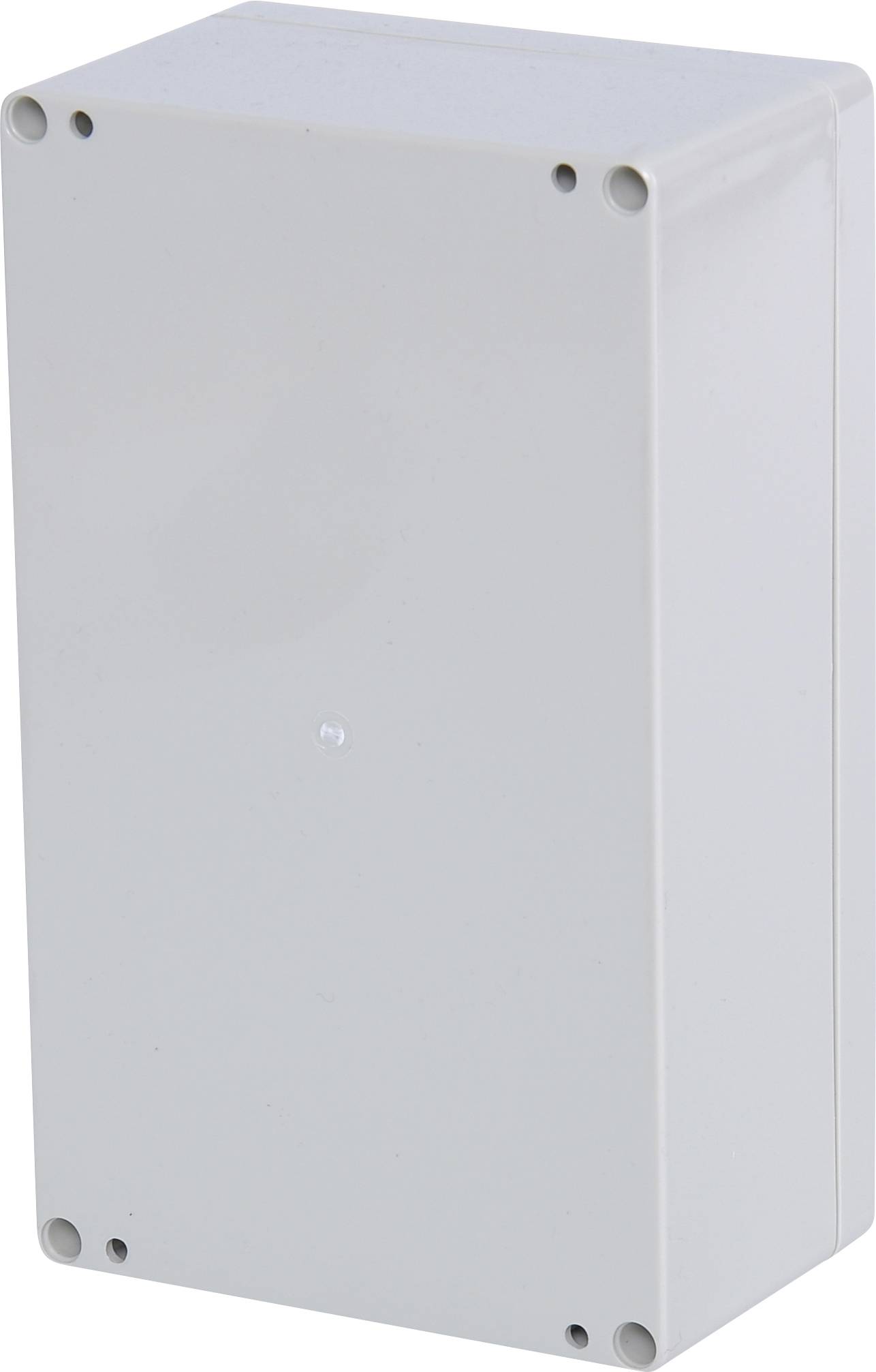 Boîtier en plastique gris, rectangulaire, aux coins arrondis et percé aux angles, utilisé pour le rangement de composants électroniques.