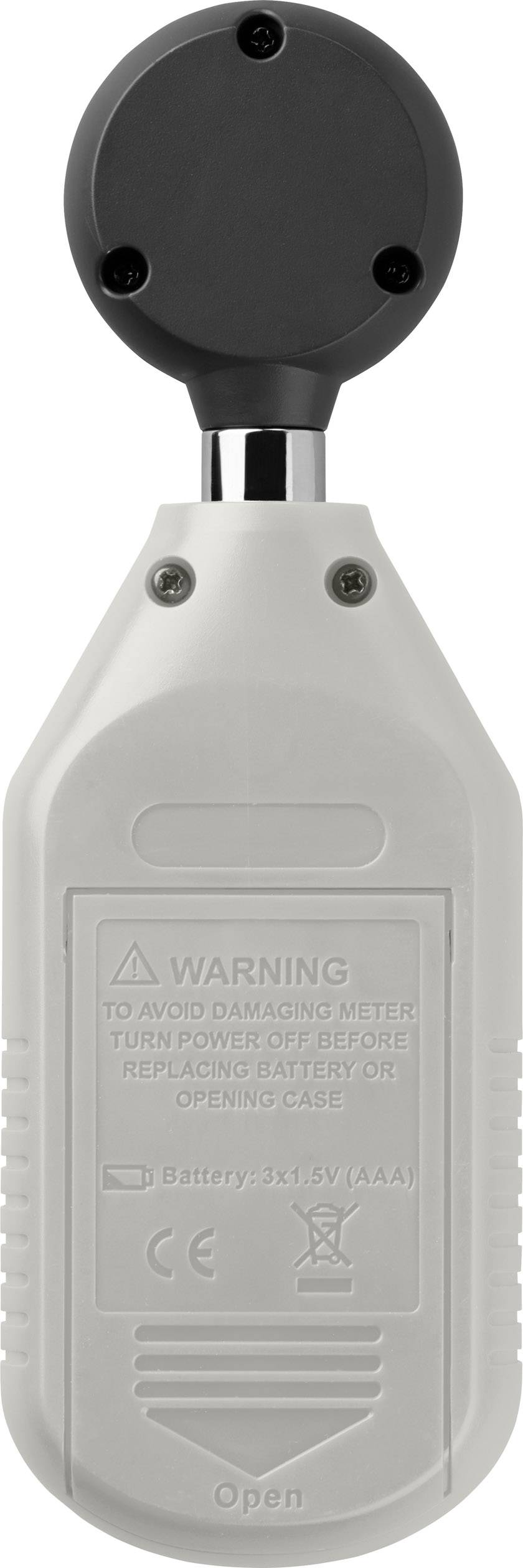 Un appareil de mesure numérique portable avec un capteur noir arrondi, surmonté d'une poignée blanche portant un marquage d'avertissement à l'arrière.