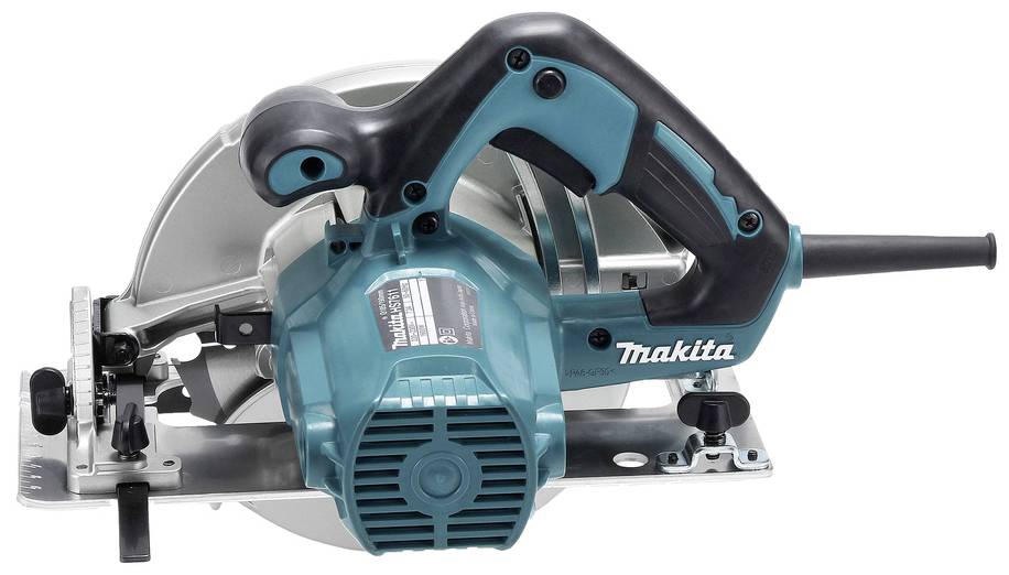 Une scie circulaire turquoise avec une poignée noire, la marque 'Makita' bien visible. Adaptée pour les coupes de bois, conception compacte et ergonomique.