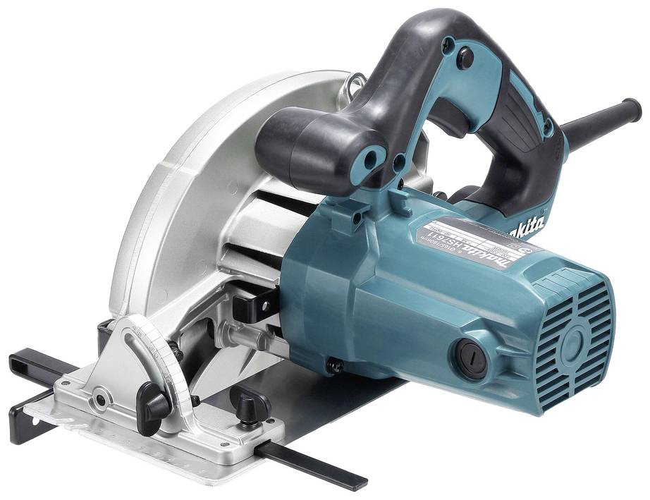 Scie circulaire électrique avec boîtier bleu-noir et lame argentée, adaptée pour couper du bois.