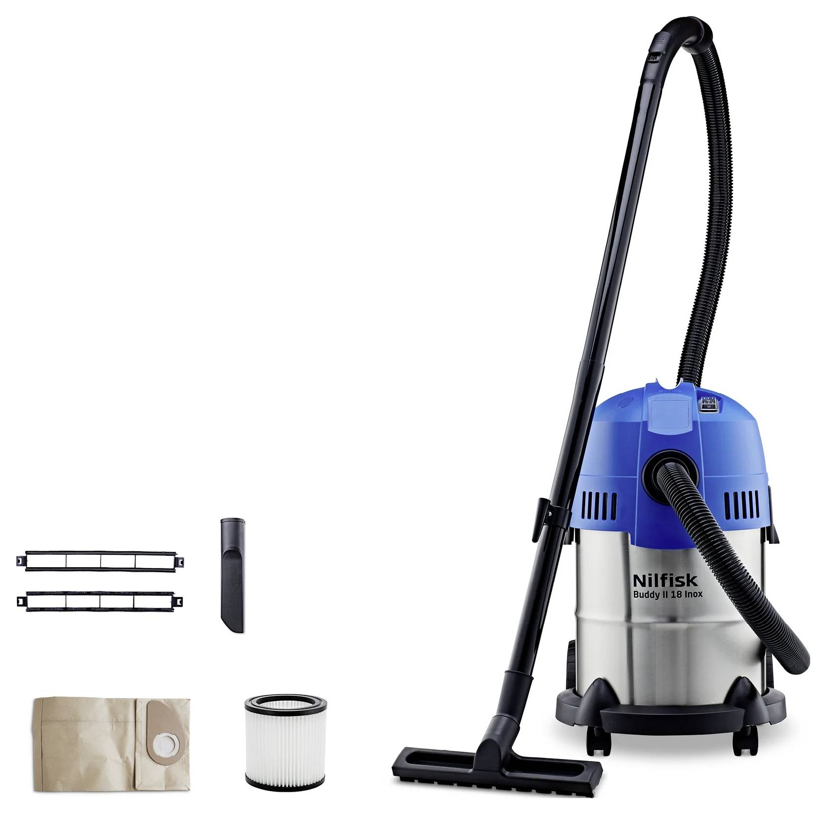 Un aspirateur bleu et argenté doté d'un long tuyau est présenté, accompagné de divers accessoires et équipements, dont un filtre et un sac.