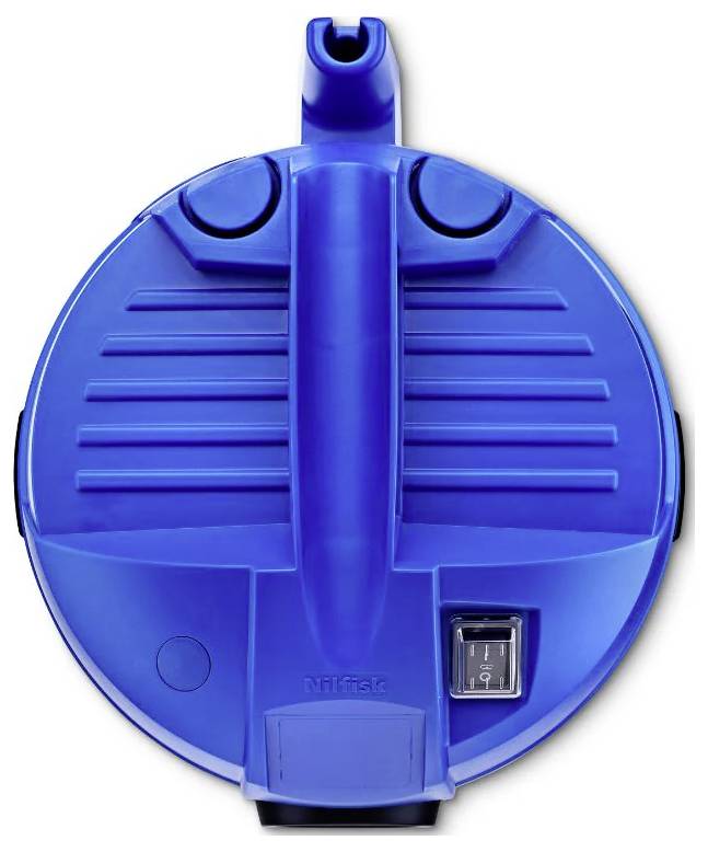 Un aspirateur rond de couleur bleue, vu de dessus, avec une poignée, deux boutons, des lignes de ventilation et un interrupteur marche-arrêt.
