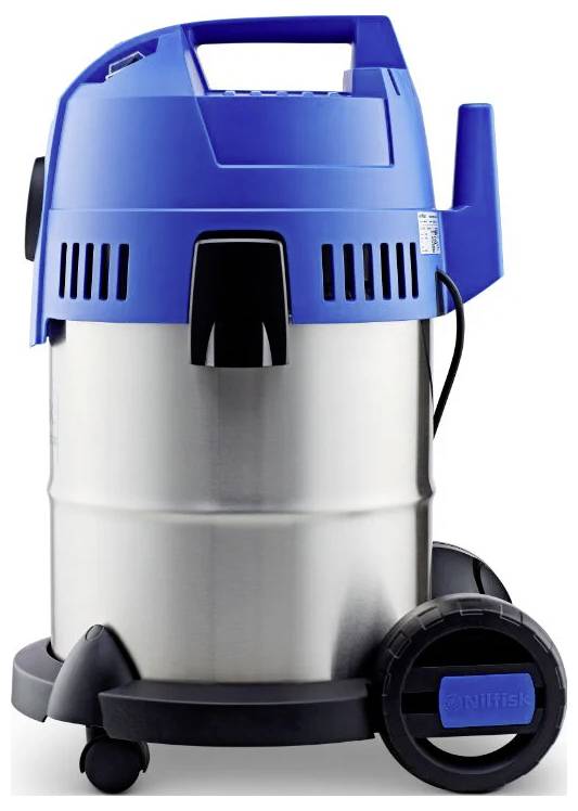 Un aspirateur industriel bleu et argenté avec des roues et une poignée, conçu pour des tâches de nettoyage intensives.