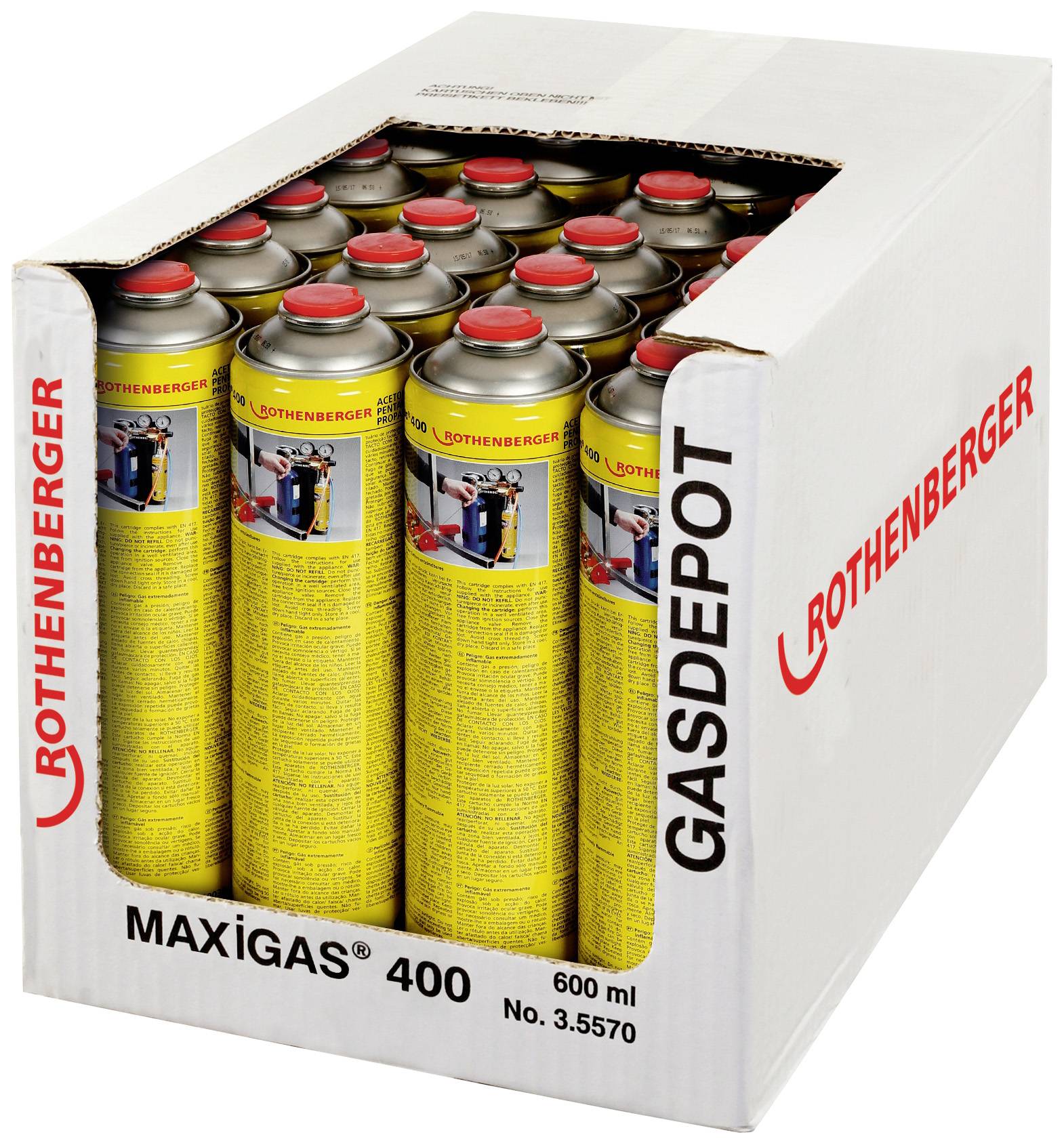 Carton de 'ROTHENBERGER Maxigas 400' avec des bouteilles de gaz jaunes. 600 ml. Nom de marque et détails du produit visibles sur les bouteilles.