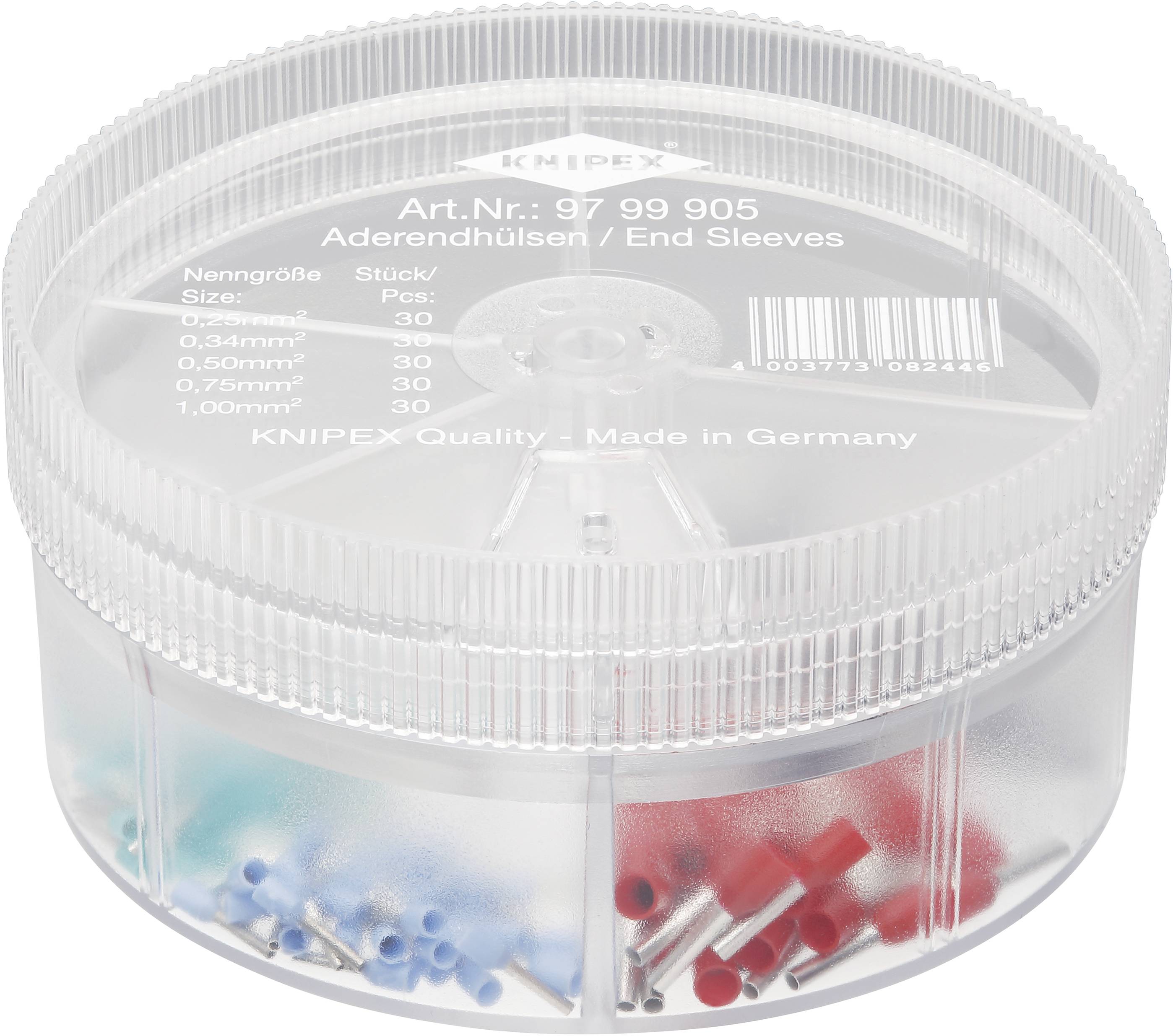 Boîte en plastique transparent rond contenant des embouts de câble bleus et rouges de différentes tailles, avec l'inscription 'KNIPEX Quality - Made in Germany'.