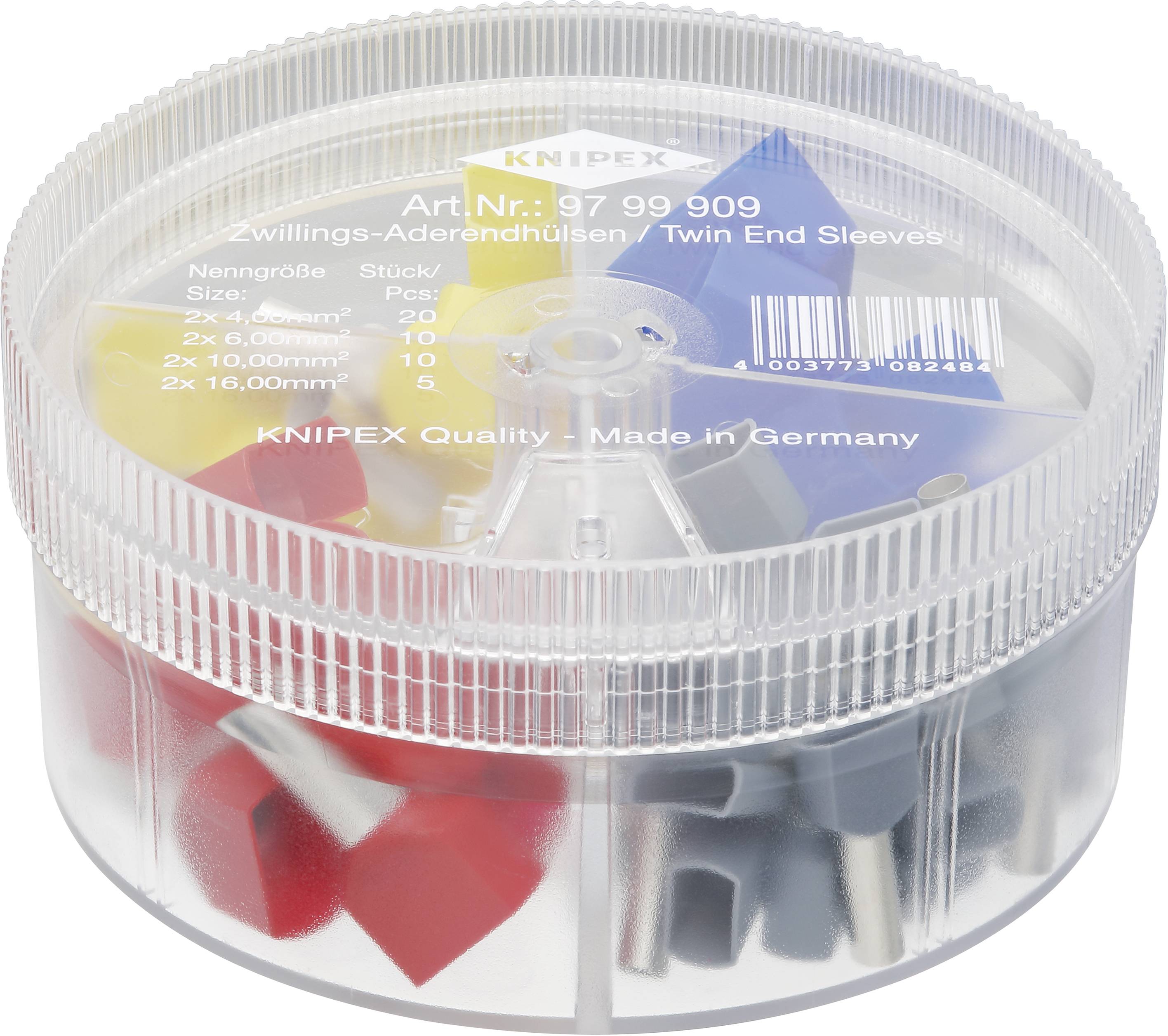 Boîte en plastique ronde contenant des embouts de câble de différentes couleurs. Sur le couvercle est inscrit : 'Embouts de câble doubles/Twin End Sleeves'.
