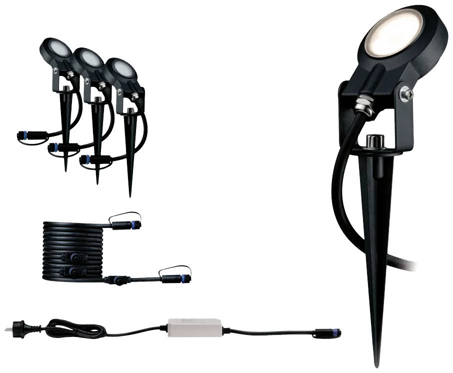 Plusieurs projecteurs LED de jardin avec piquet de terre, câble et fiche, représentés sous différents angles. Adaptés à l'éclairage extérieur.